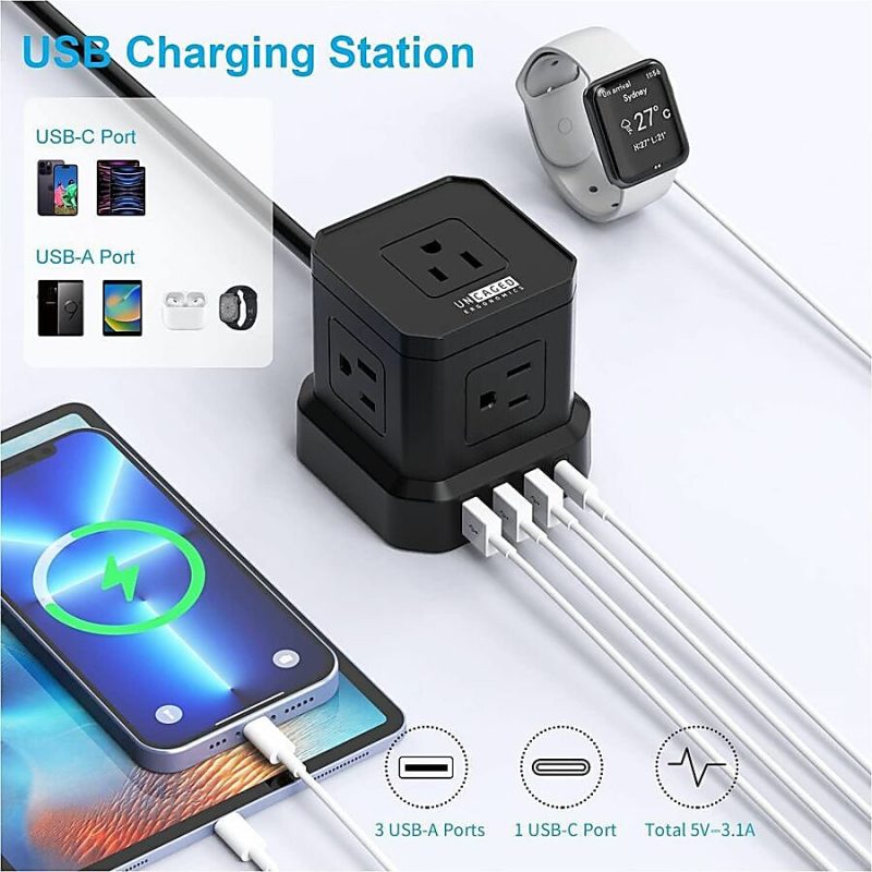 Cube Surge Protector Power Strip with usb ports 10ft extension cord with multiple outlets Black - Space Saving 9 outlet usp power strip: 5 AC Outlets, 3 USB Ports, 1 USB-C Port, Surge Protected, On/Off Switch - Image 9