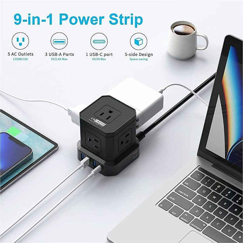 Cube Surge Protector Power Strip with usb ports 10ft extension cord with multiple outlets Black - Space Saving 9 outlet usp power strip: 5 AC Outlets, 3 USB Ports, 1 USB-C Port, Surge Protected, On/Off Switch - Image 10