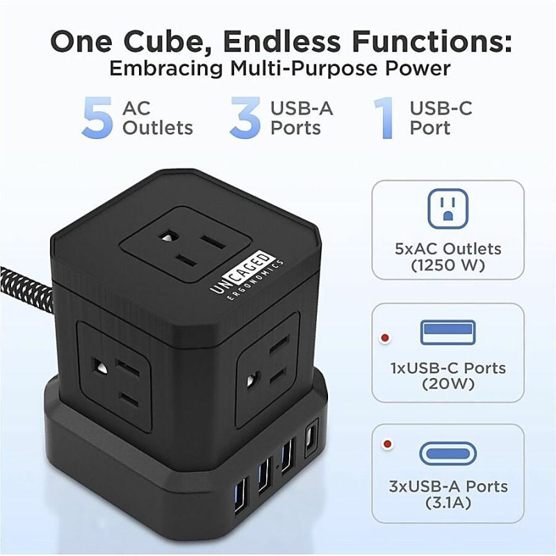 Cube Surge Protector Power Strip with usb ports 10ft extension cord with multiple outlets Black - Space Saving 9 outlet usp power strip: 5 AC Outlets, 3 USB Ports, 1 USB-C Port, Surge Protected, On/Off Switch - Image 11