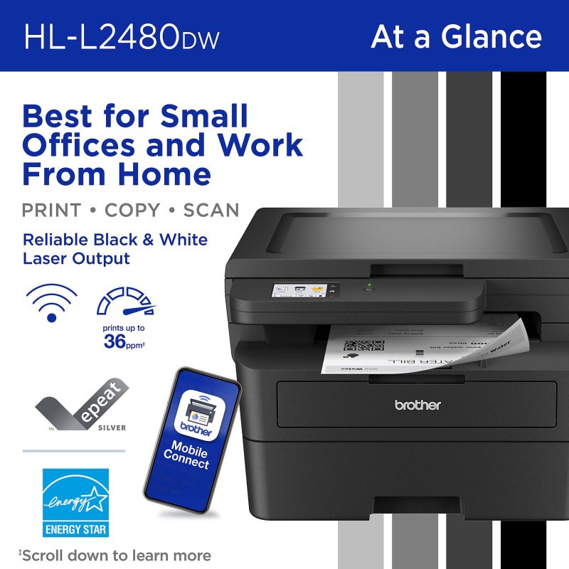 Brother HL-L2480DW Wireless Compact Monochrome Multi-Function Laser Printer, Copy & Scan, Refresh EZ Print Eligibility - Image 2
