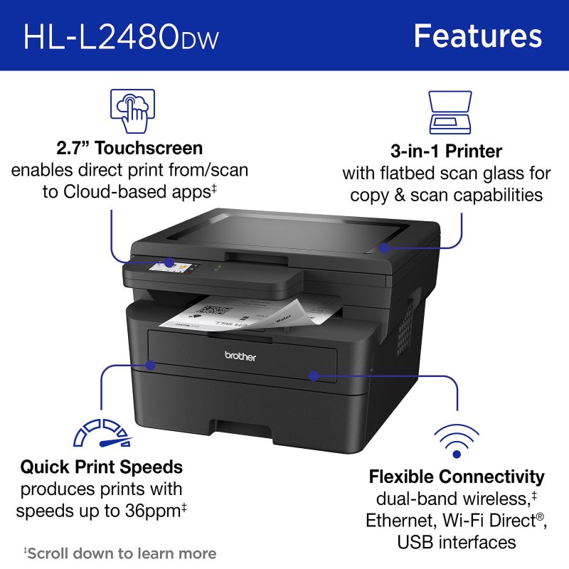 Brother HL-L2480DW Wireless Compact Monochrome Multi-Function Laser Printer, Copy & Scan, Refresh EZ Print Eligibility - Image 3