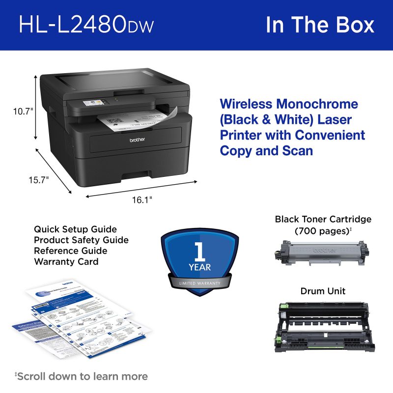 Brother HL-L2480DW Wireless Compact Monochrome Multi-Function Laser Printer, Copy & Scan, Refresh EZ Print Eligibility - Image 8