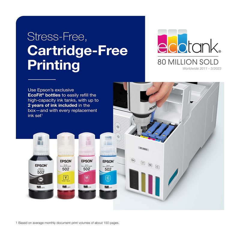 Epson® EcoTank® ET-2850 Cartridge-Free Supertank Wireless Inkjet All-in-One Color Printer - Image 3