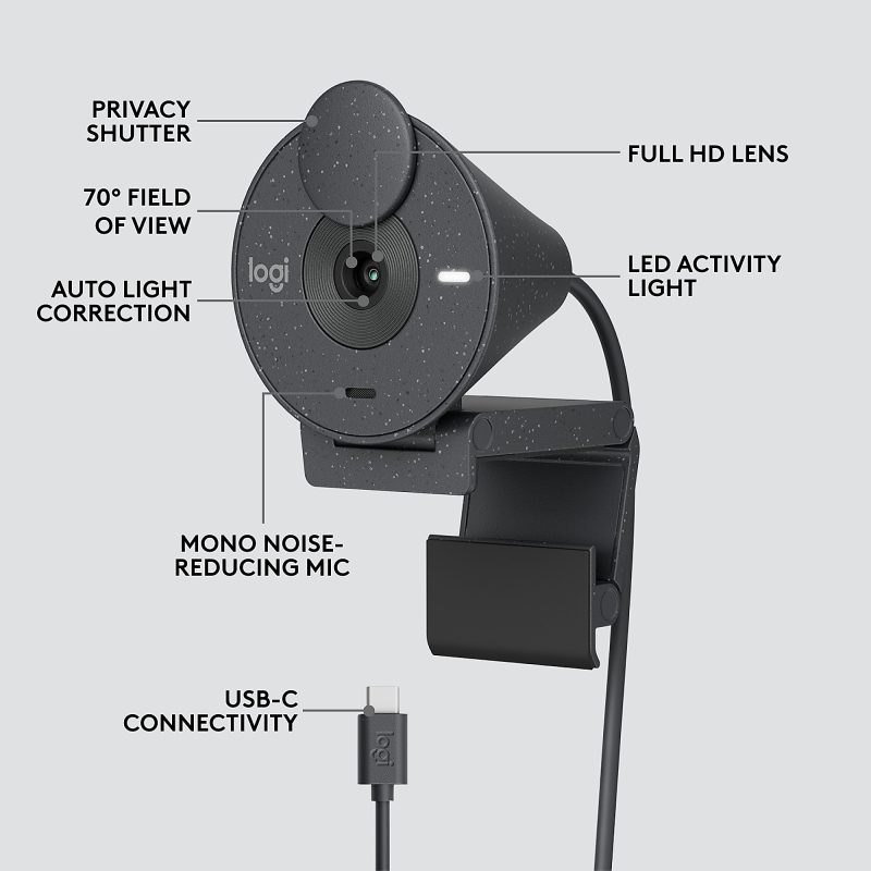 Logitech® Brio 300 HD Webcam With Privacy Shutter, Graphite - Image 6