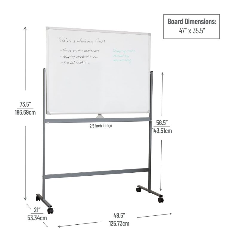 Mind Reader Magnetic Double-Sided Dry-Erase White Board with Base and Wheels, 73-1/2"H x 21"W x 49-1/2"H, White - Image 2