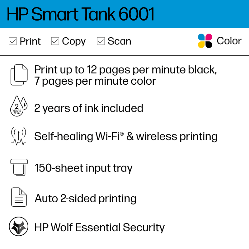 HP Smart Tank 6001 Wireless All-In-One Cartridge-Free Ink Tank Color Printer with Up to 2 Years of Ink Included (2H0B9A) - Image 2