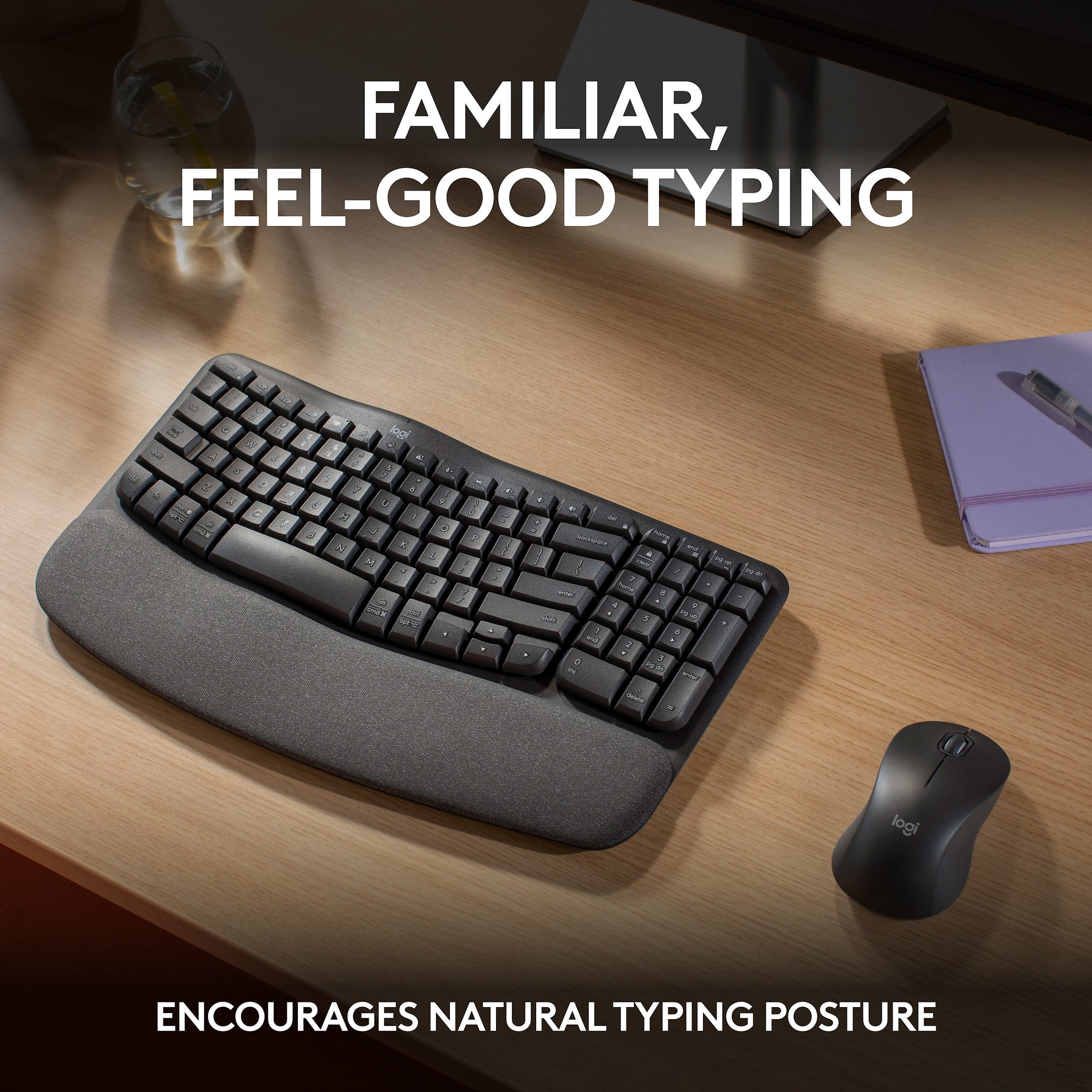 Logitech® Wave Keys MK670 Wireless Ergonomic Keyboard And Signature M550 L Wireless Mouse Combo, Graphite, 920-012059 - Image 3