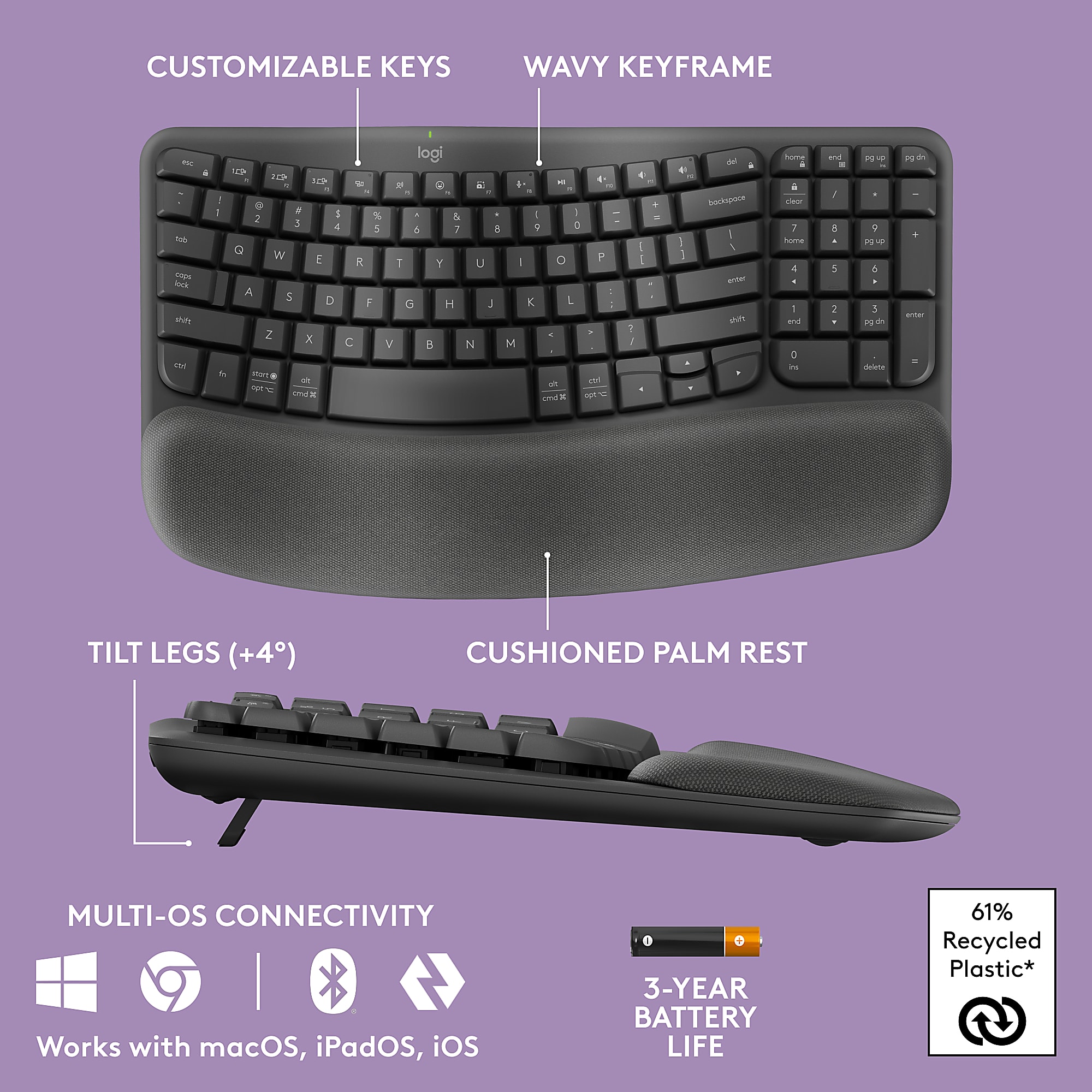 Logitech® Wave Keys MK670 Wireless Ergonomic Keyboard And Signature M550 L Wireless Mouse Combo, Graphite, 920-012059 - Image 6