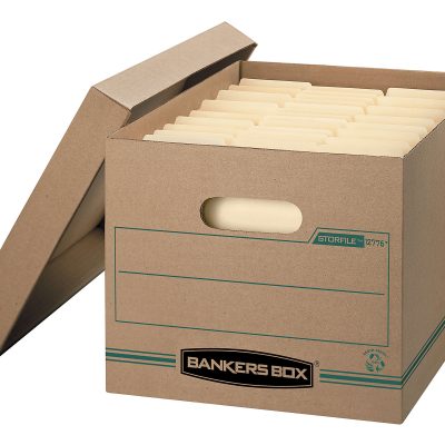 Bankers Box® Stor/File™ Standard-Duty Storage Boxes With Lift-Off Lids And Built-In Handles, Letter/Legal Size, 15" x 12" x 10", Kraft/Green, 100% Recycled, Case Of 12