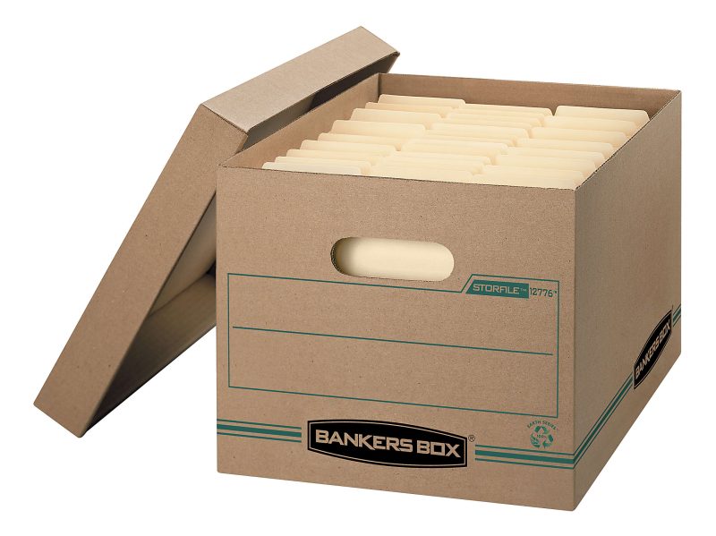 Bankers Box® Stor/File™ Standard-Duty Storage Boxes With Lift-Off Lids And Built-In Handles, Letter/Legal Size, 15" x 12" x 10", Kraft/Green, 100% Recycled, Case Of 12