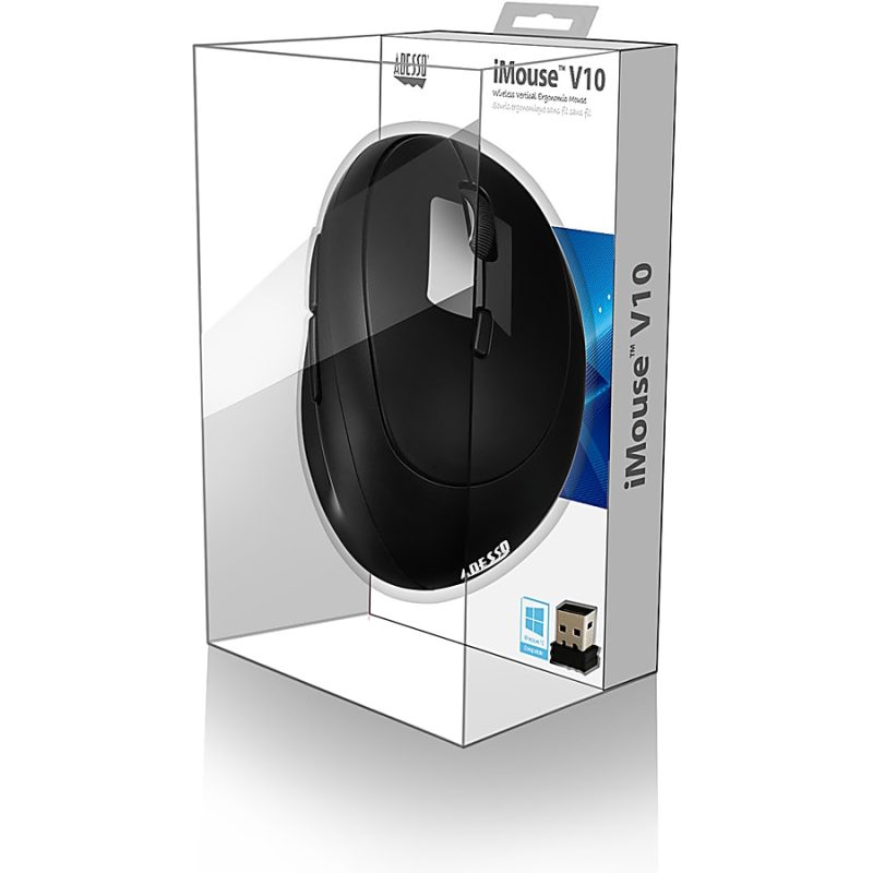 Adesso iMouse V10 - Wireless Vertical Ergonomic Mini Mouse - Optical - Wireless - Radio Frequency - 2.40 GHz - Black - USB - 1600 dpi - Scroll Wheel - 6 Button(s) - Right-handed - Image 7