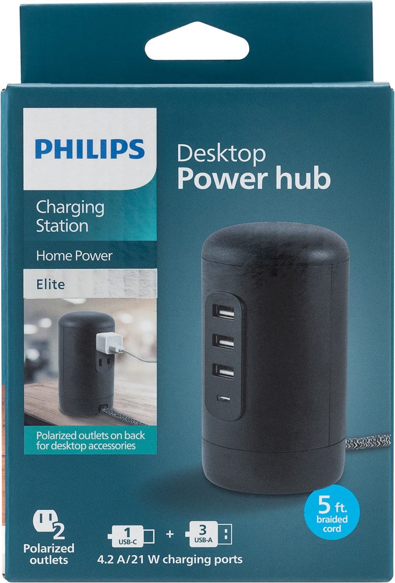 Philips 3 USB-A/1 USB-C/2-Outlet Desktop Charging Station, 5', Black - Image 2