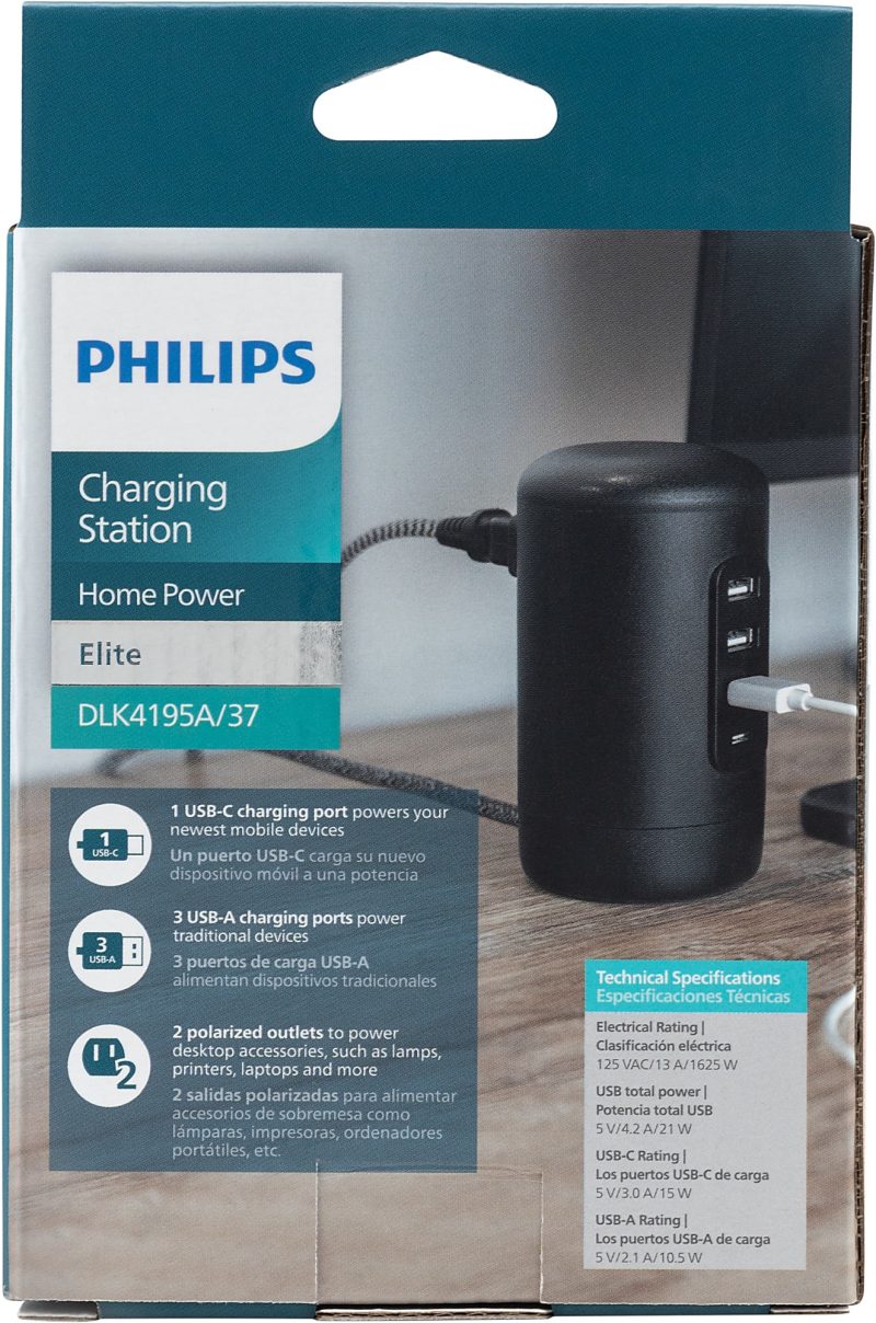 Philips 3 USB-A/1 USB-C/2-Outlet Desktop Charging Station, 5', Black - Image 4