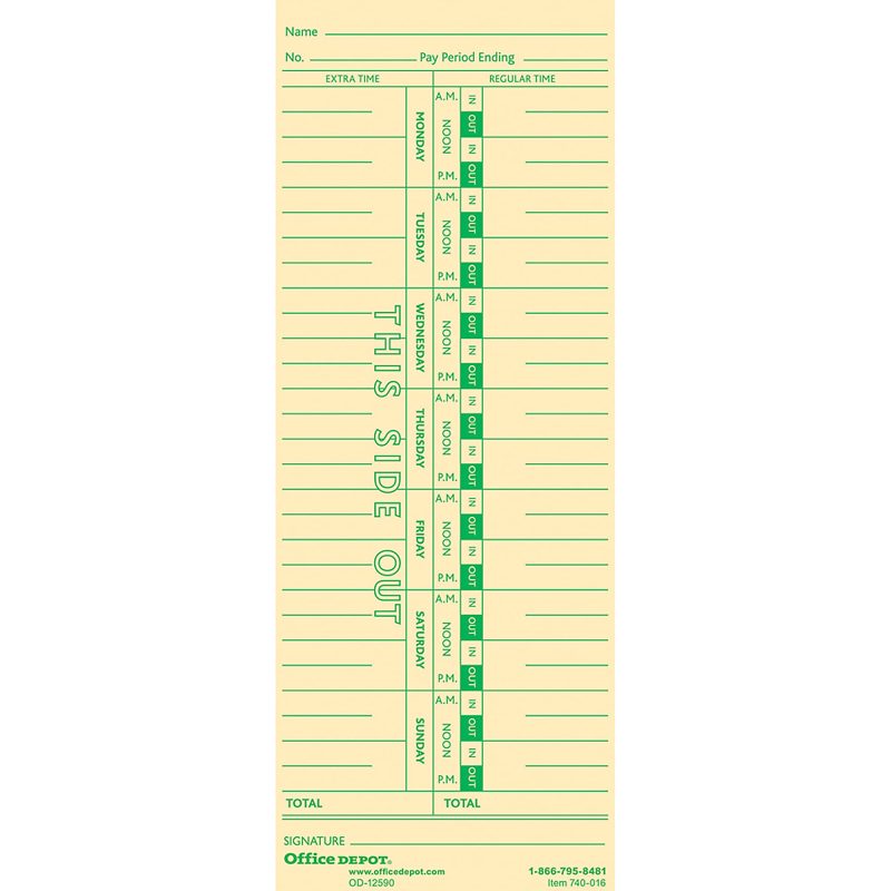 Office Depot® Brand Time Cards, Weekly, Monday–Sunday Format, 1-Sided, 3 3/8" x 8 7/8", Manila, Pack Of 100