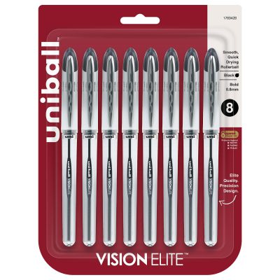 uni-ball® Vision™ Elite™ Liquid Ink Rollerball Pens, Bold Point, 0.8 mm, White Barrel, Black Ink, Pack Of 12 - Black,8
