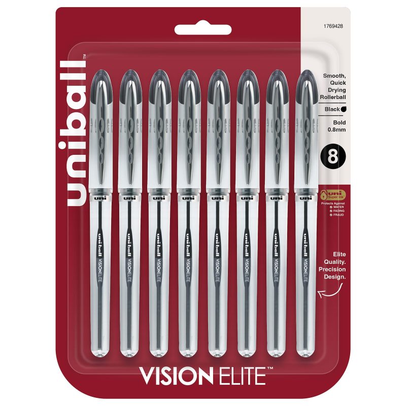 uni-ball® Vision™ Elite™ Liquid Ink Rollerball Pens, Bold Point, 0.8 mm, White Barrel, Black Ink, Pack Of 12 - Black,8