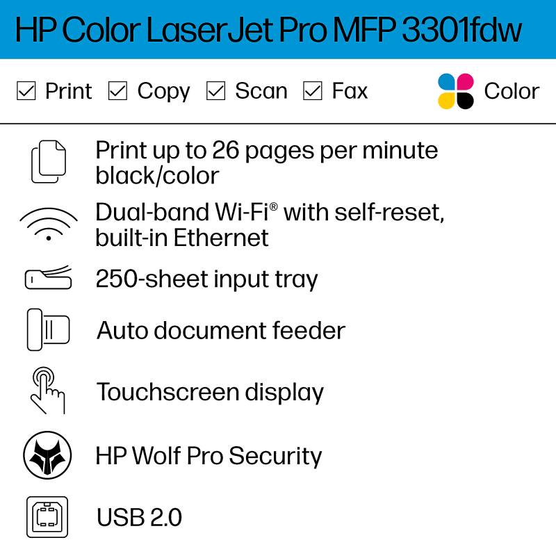 HP Color LaserJet Pro MFP 3301fdw Wireless Laser Color Printer - Image 3