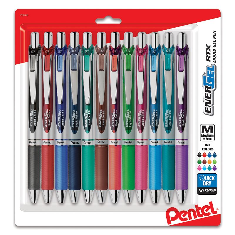 Pentel® EnerGel™ RTX Retractable Liquid Gel Pens, Medium Point, 0.7 mm, 54% Recycled, Blue Barrel, Blue Ink, Pack Of 12 Pens - Assorted,12