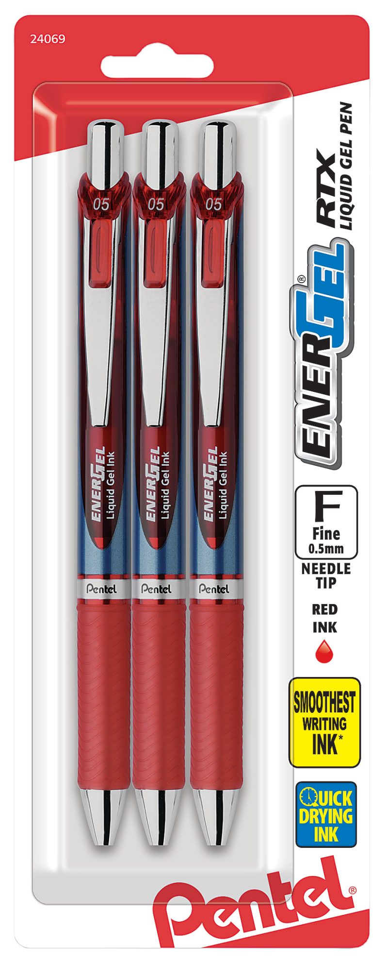 Pentel® EnerGel™ RTX Retractable Liquid Gel Pens, Fine Point, 0.5 mm, 54% Recycled, Blue, Pack Of 12 Pens - Red,3