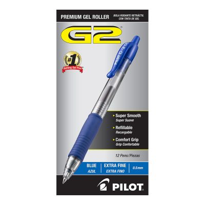 Pilot G2 Gel Roller Pens, Extra-Fine Point, 0.5 mm, Clear Barrel, Black Ink, Pack Of 12 - Blue,12