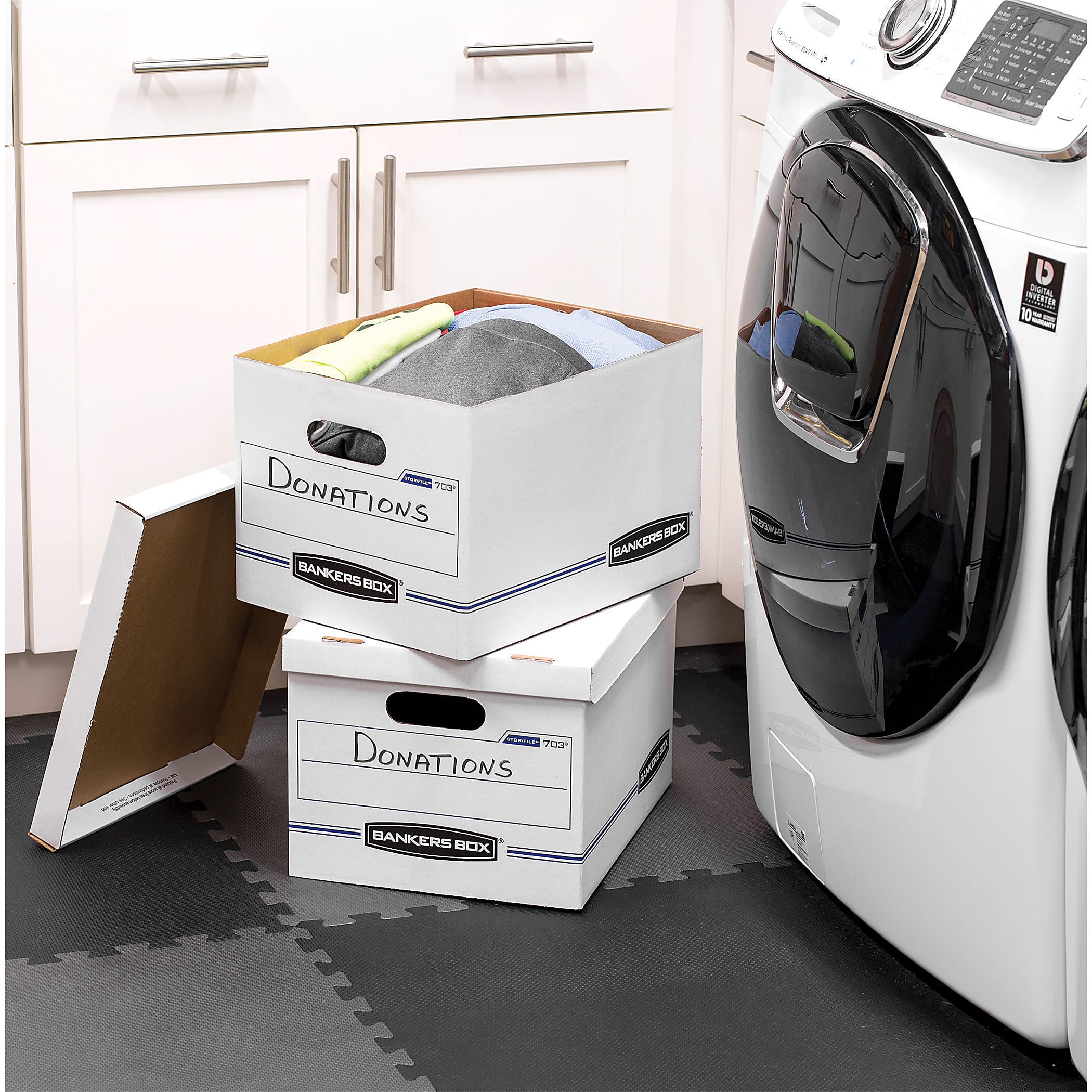 Bankers Box® Easylift™ Standard-Duty Storage Boxes With Lift-Off Lids And Built-In Handles, Letter/Letter Size, 12" x 12" x 10", White/Blue, 12/Pack - Image 5