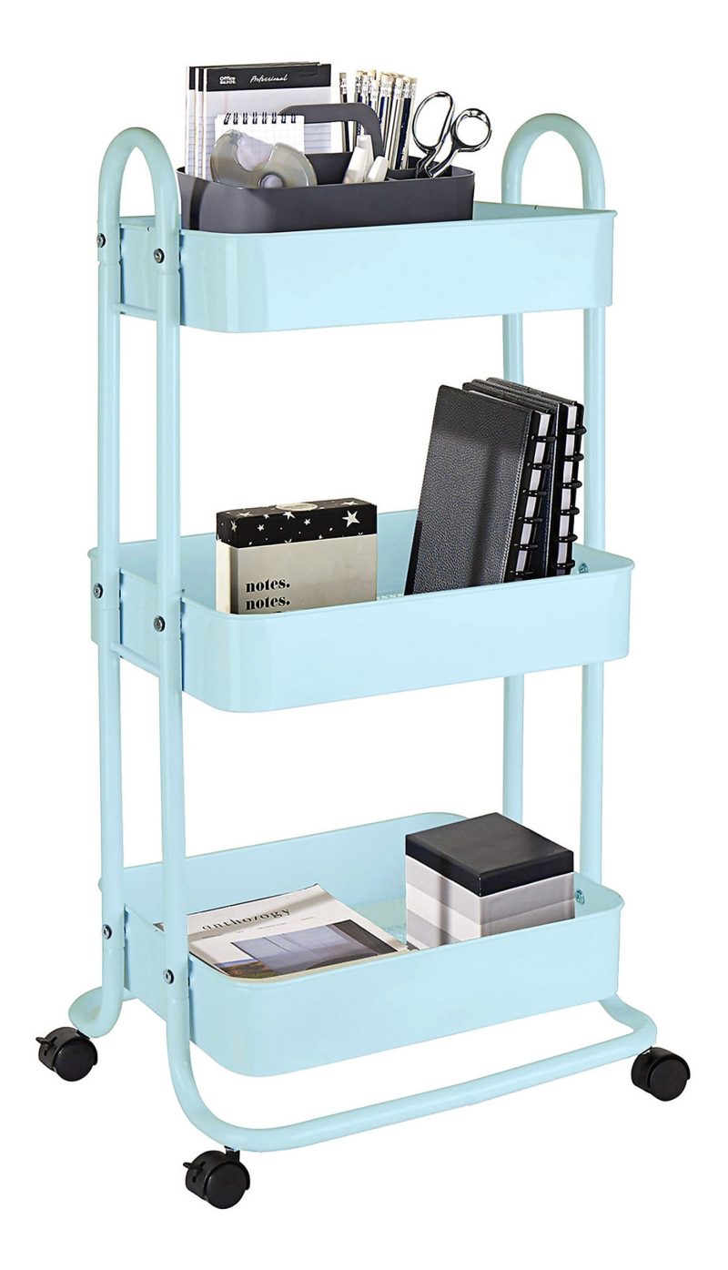 Realspace® Mobile 3-Tier Storage Cart, 35-5/8"H x 17-15/16"W x 14-5/16"D, Black - Light Blue