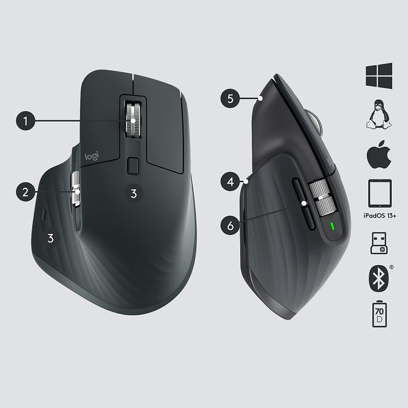 Logitech MX Master 3 Advanced Wireless Mouse, Ultrafast Scrolling, Use on Any Surface, Ergonomic, 4000 DPI, USB-C, Black - Image 6