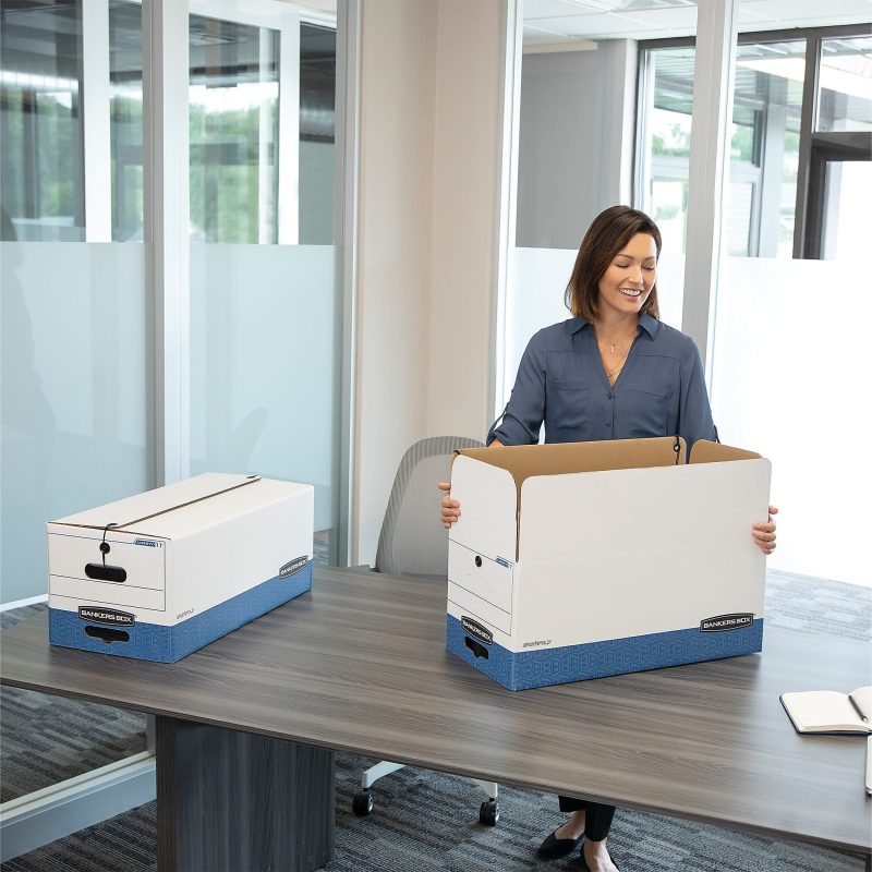 Bankers Box® Liberty® FastFold® Heavy-Duty Storage Boxes With Locking Lift-Off Lids And Built-In Handles, Letter Size, White/Blue, 60% Recycled, 24“ x 15" x 10", Case Of 4 - Image 2