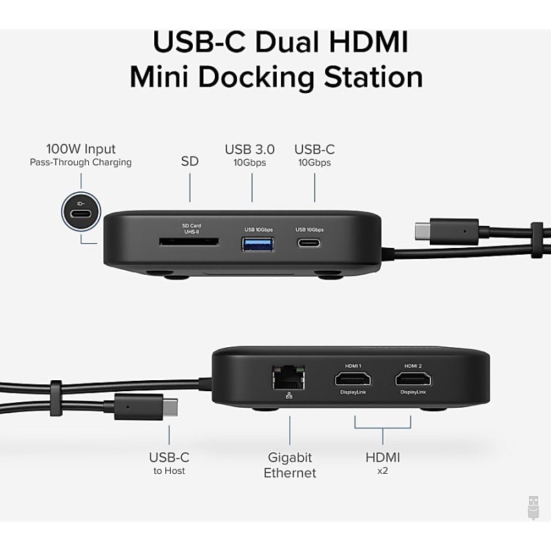 Plugable 7-in-1 USB C Docking Station Dual Monitor - Dual HDMI Dock is Compatible with Mac and Windows - Travel Dock USB4, Thunderbolt or USB-C, 100W PD, 2x HDMI, 1x USB-C, 1Gbps Ethernet, 1x USB 3.0, 1x SD Card - Image 2