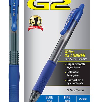 Pilot G2 Retractable Gel Pens, Fine Point, 0.7 mm, Clear Barrels, Blue Ink, Pack Of 12 Pens