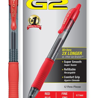 Pilot G2 Retractable Gel Pens, Fine Point, 0.7 mm, Clear Barrels, Blue Ink, Pack Of 12 Pens - Red,12