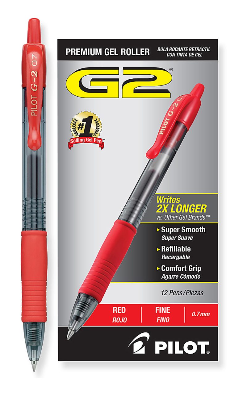 Pilot G2 Retractable Gel Pens, Fine Point, 0.7 mm, Clear Barrels, Blue Ink, Pack Of 12 Pens - Red,12