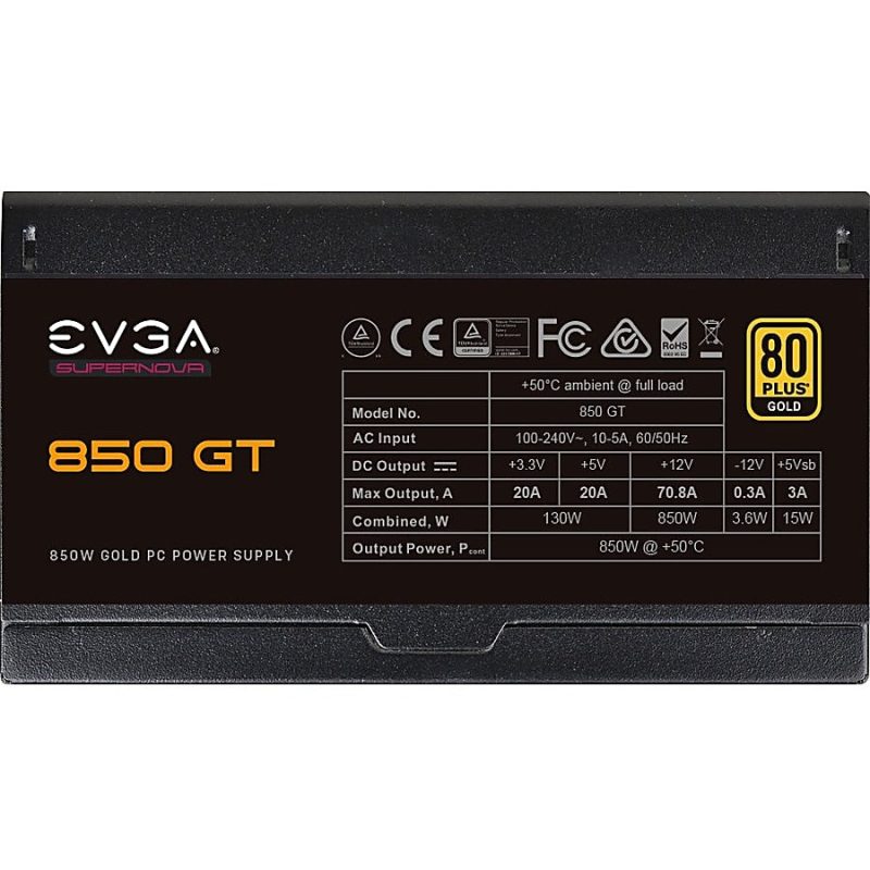 EVGA GT 850W Power Supply - Compact - 120 V AC, 230 V AC Input - 5 V DC, 3.3 V DC, 12 V DC, -12 V DC Output - 850 W - 1 +12V Rails - 1 Fan(s) - 90% Efficiency - Image 4