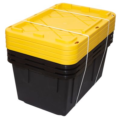 Office Depot® Brand by GreenMade® Professional Storage Tote With Handles/Snap Lid, 27 Gallon, 30-1/10" x 20-1/4" x 14-3/4", Black/Yellow, Pack Of 4
