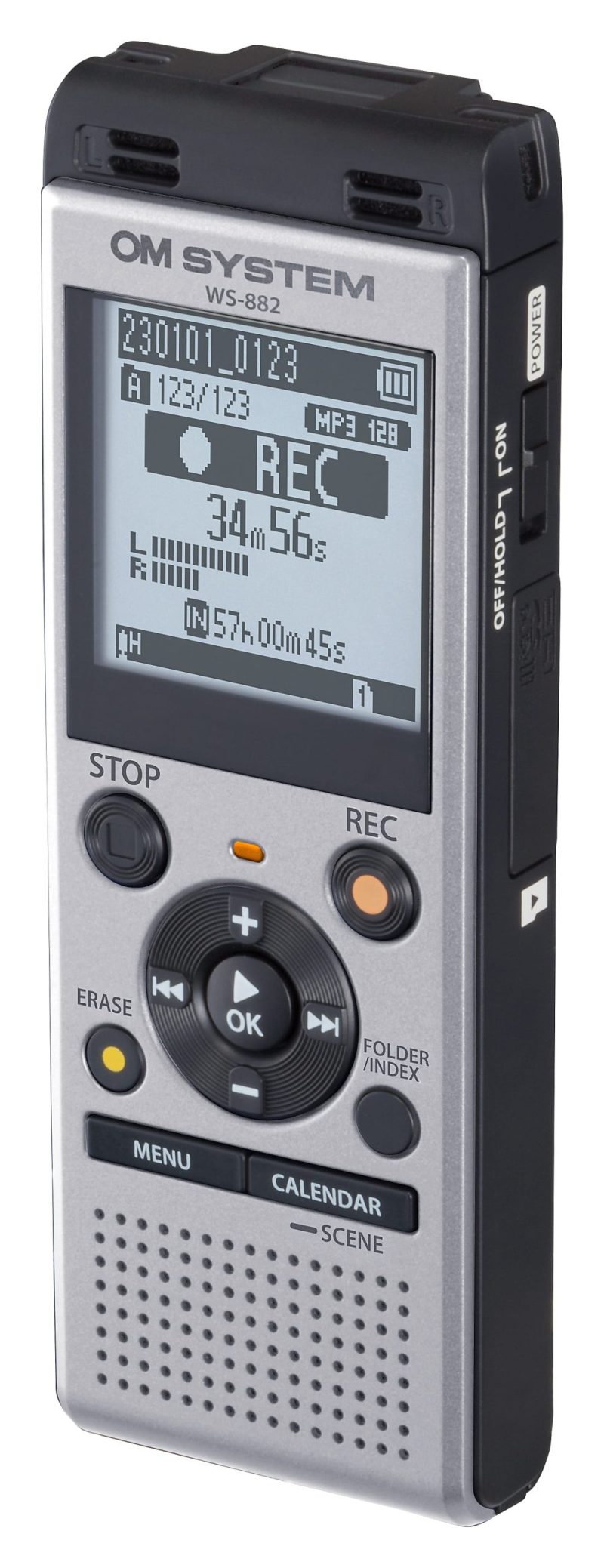 OM System WS882 Digital Voice Recorder, 4.4"H x 1.8"W x 0.7"D, Silver