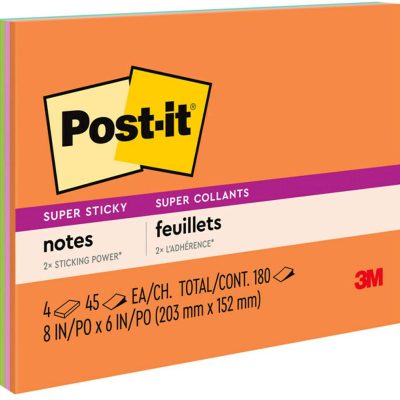 Post-it Super Sticky Notes, 4 Pads, 8 in x 6 in, 2x the Sticking Power, School Supplies and Office Products, Sticky Notes for Vertical Surfaces, Monitors, Walls and Windows, Energy Boost Collection