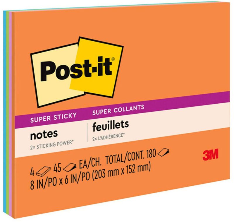 Post-it Super Sticky Notes, 4 Pads, 8 in x 6 in, 2x the Sticking Power, School Supplies and Office Products, Sticky Notes for Vertical Surfaces, Monitors, Walls and Windows, Energy Boost Collection