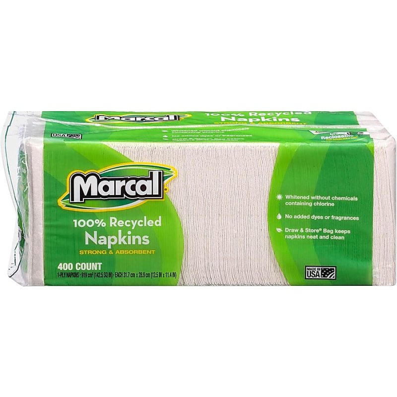 Marcal® 1-Ply Luncheon Napkins, 12-1/2"H x 11-1/4"W, 100% Recycled Paper, White, 400 Napkins Per Pack, 6 Packs Per Carton - Image 3