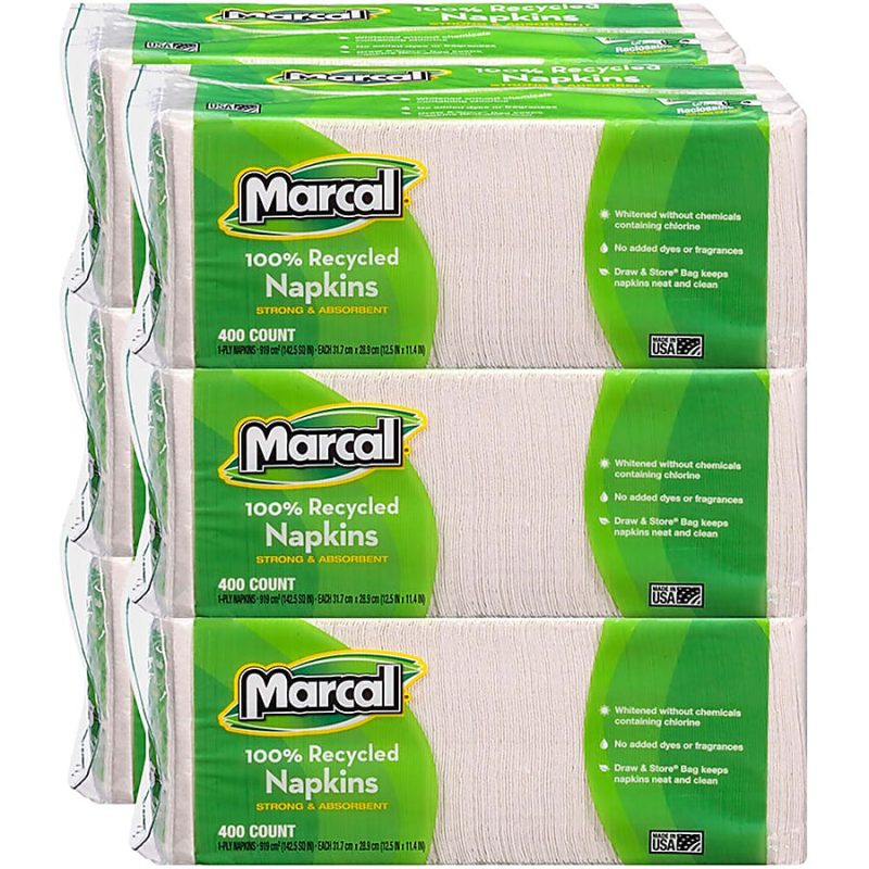 Marcal® 1-Ply Luncheon Napkins, 12-1/2"H x 11-1/4"W, 100% Recycled Paper, White, 400 Napkins Per Pack, 6 Packs Per Carton - Image 4