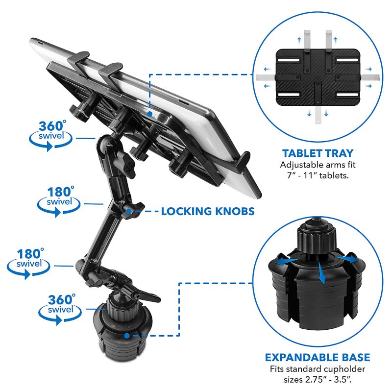 Mount-It! MI-7320 Car Cup Holder Mount For 7 - 11" Tablets, Black - Image 2