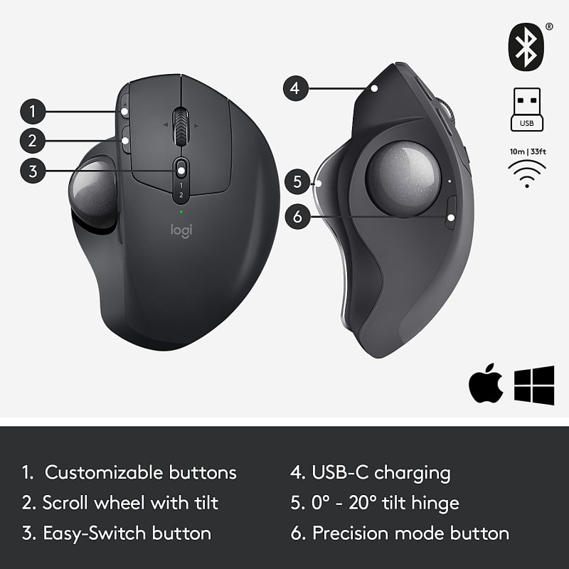 Logitech® MX ERGO PLUS Advanced Wireless Trackball Mouse, Black, 910-005178 - Image 6