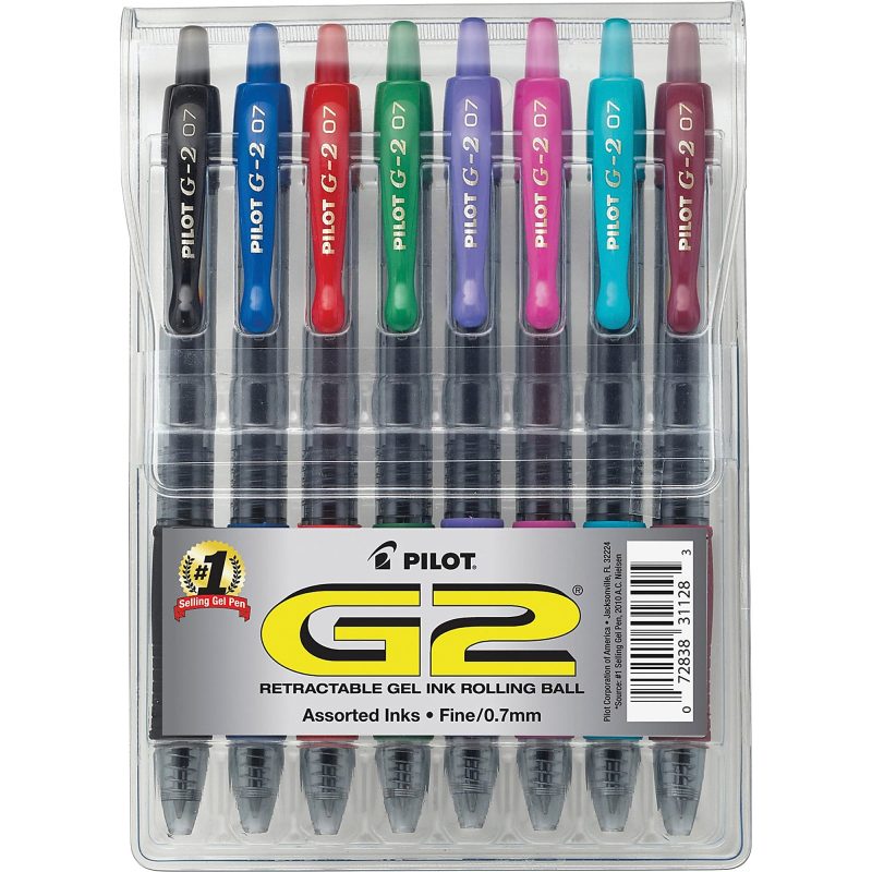 Pilot G2 Retractable Gel Pens, Fine Point, 0.7 mm, Clear Barrels, Blue Ink, Pack Of 12 Pens - Assorted,8