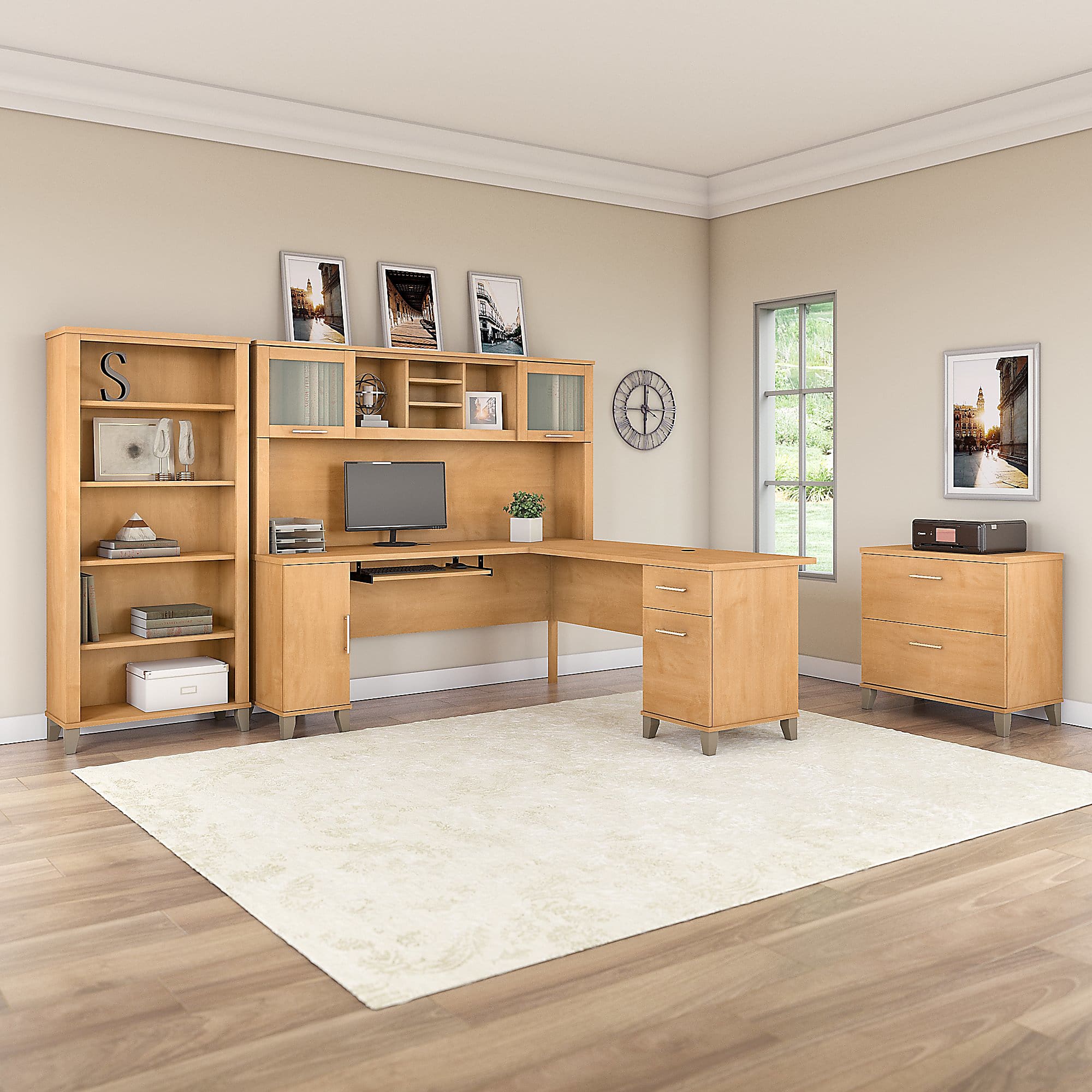 Bush Furniture Somerset 72"W L Shaped Desk With Hutch, Lateral File Cabinet And Bookcase, Maple Cross, Standard Delivery - Image 2