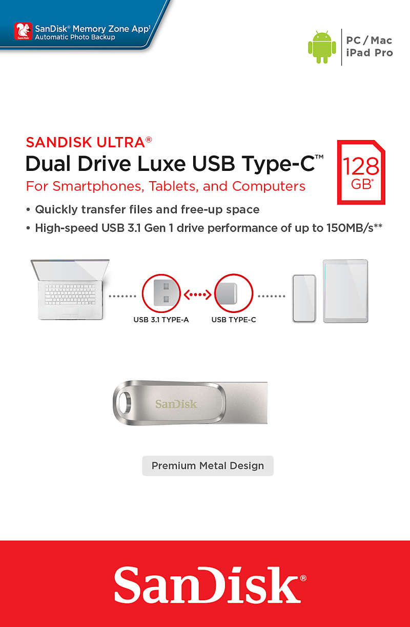 SanDisk® iXpand® Dual Drive USB-C Luxe Flash Drive, 128GB, Silver - Image 7