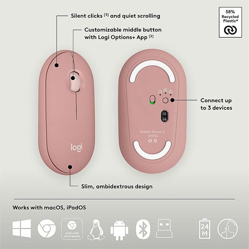 Logitech Pebble 2 Combo, Wireless Keyboard and Mouse, Quiet and Portable, Customizable, Logi Bolt, Tonal Rose - USB Type A Wireless Bluetooth Keyboard - Tonal Rose - USB Type A Wireless Bluetooth Mouse - Optical - 4000 dpi - 3 Button - Scroll Wheel - Image 7