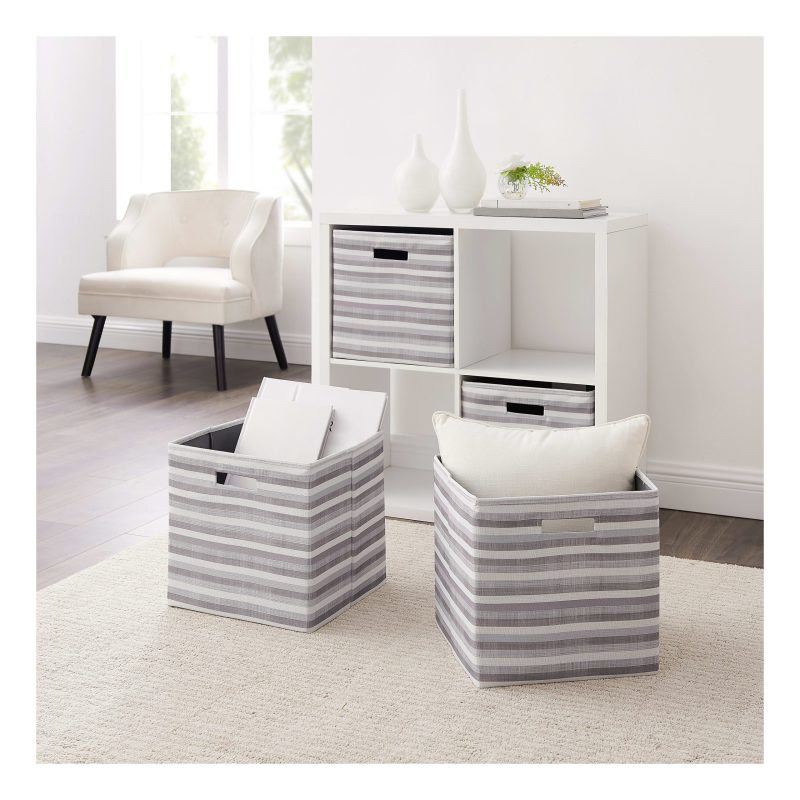 Linon Emmet Storage Bins, Medium Size, Gray Stripes, Pack Of 2 - Image 2