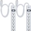 GE 6 Outlet Power Strip 2 Pack, 2' Cord, White, 14833