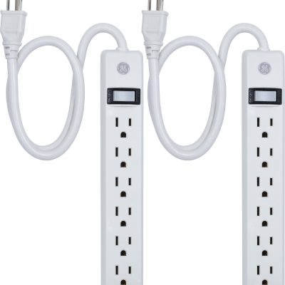 GE 6 Outlet Power Strip 2 Pack, 2' Cord, White, 14833