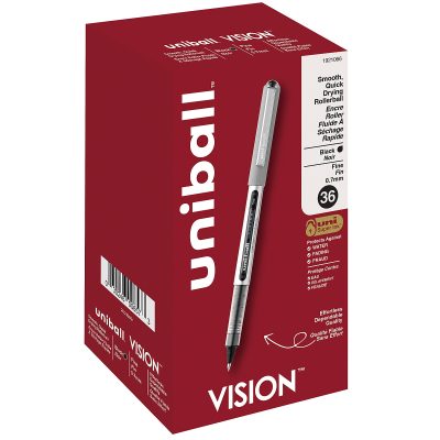 uni-ball® Vision™ Rollerball Pens, Fine Point, 0.7 mm, Gray Barrel, Blue Ink, Pack Of 12 - Black,36