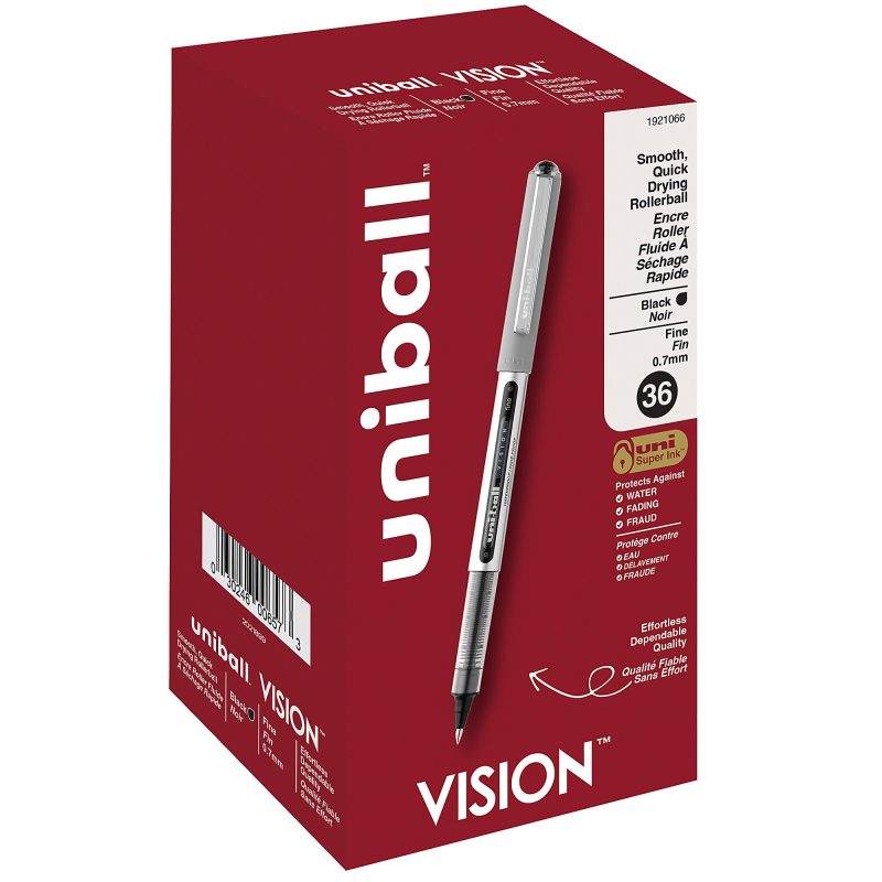 uni-ball® Vision™ Rollerball Pens, Fine Point, 0.7 mm, Gray Barrel, Blue Ink, Pack Of 12 - Black,36